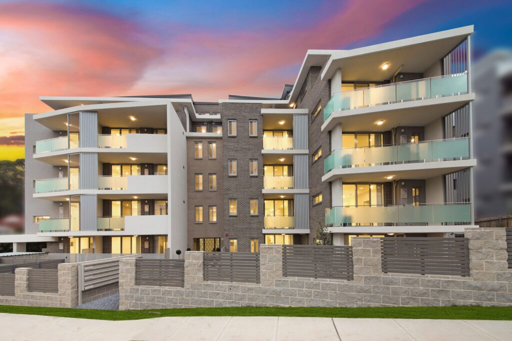 Allira North apartments at 28-32 Lords Avenue, Asquith, at twilight